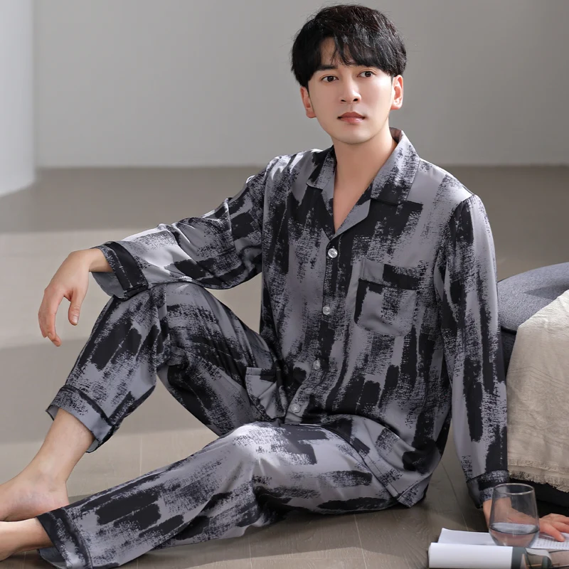 High Quality Satin Silk Pajamas Set Men Spring and Autumn Sleepwear Long Sleeve Turn-down Collar Pijama