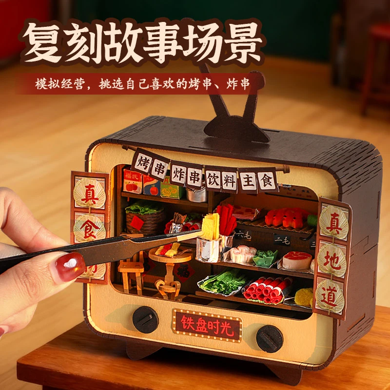DIY 3D Holzpuzzle Mini-TV-Laden Chinesischer Getränkeladen Miniatur-Modellbausatz Montage-Puzzle für Freunde Geburtstagsgeschenke