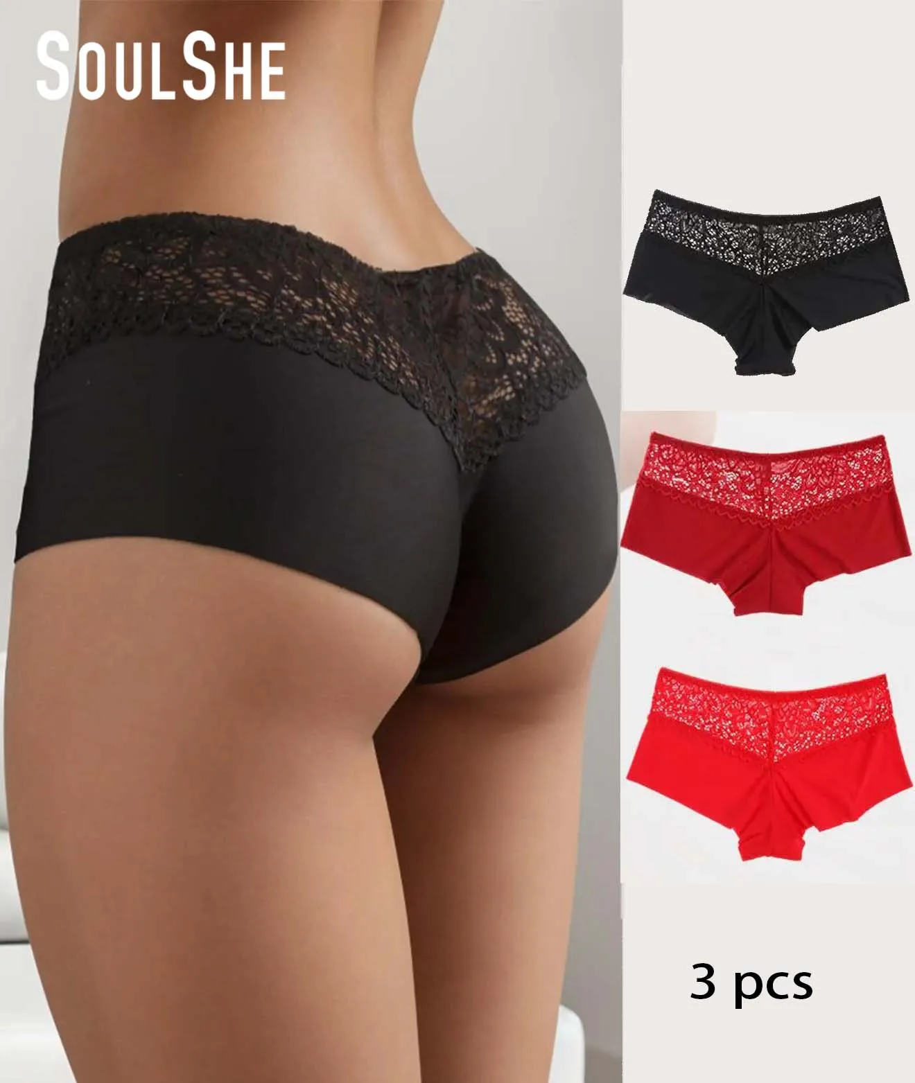 3pcs Women\'s Lace High Waist Seamless Knicker, Soft Comfy Breathable Panty for Daily Wear, boyshort is free shipping