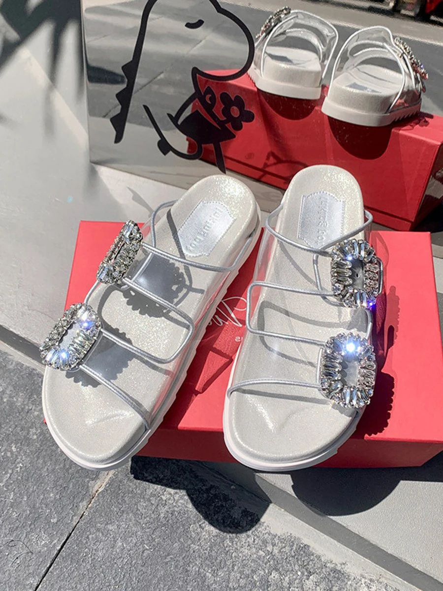 

Square Buckle Rhinestone Double Strap Flip Flops Casual Slippers PVC Transparent Material Beach Sandals Women Outdoor Wear Shoes