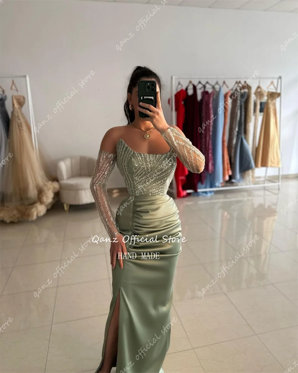 Qanz Strapless Satin Sexy Evening Dresses Long Sleeves Mermaid Pleat Lace Up Back Party Dress Women Abendkleider Customized