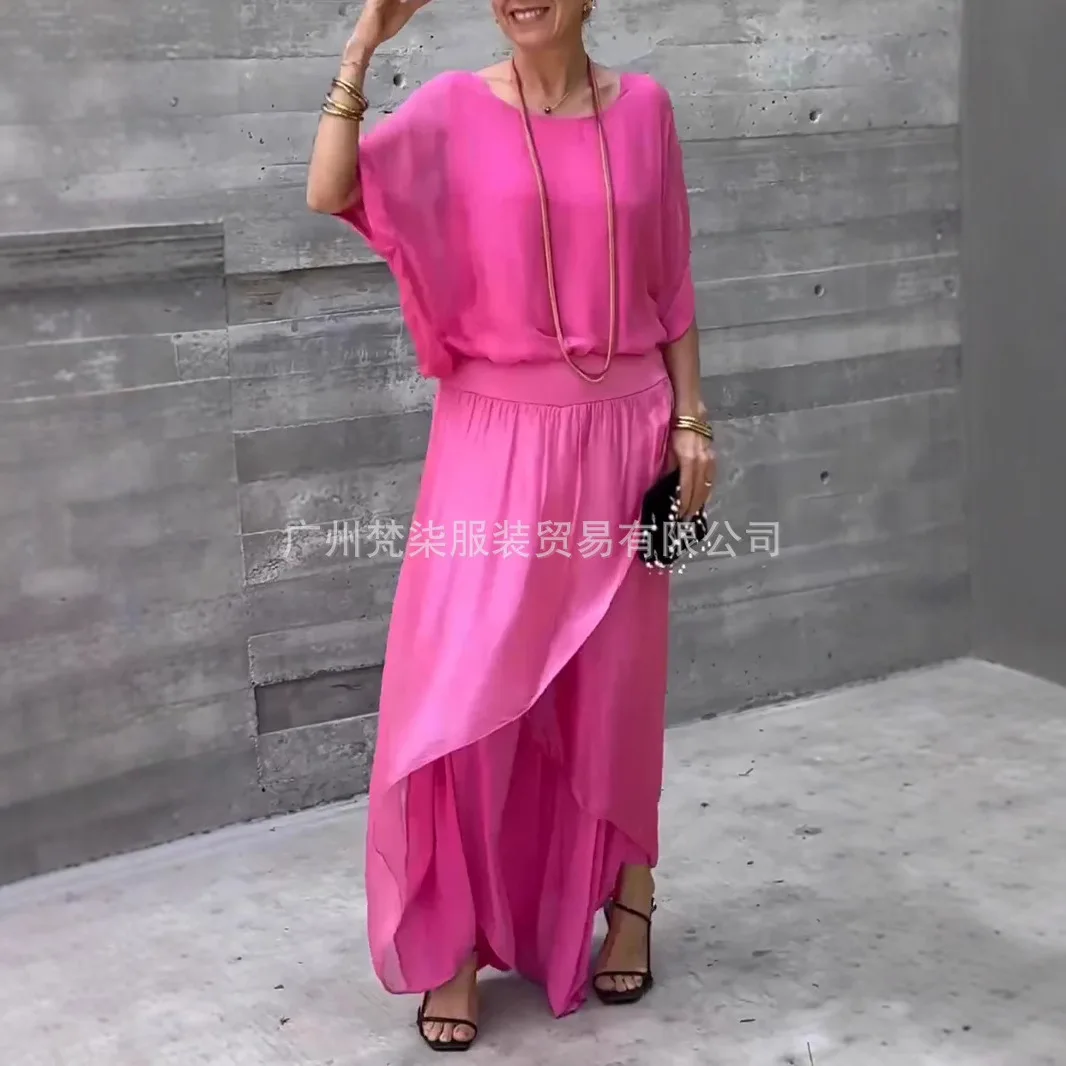 2025 verão moda feminina cor sólida casual na moda solta 2 peça conjuntos de chiffon o pescoço manga curta camisetas calças de perna larga