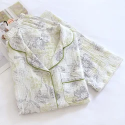 Conjunto de pijama japonés para mujer, ropa de dormir 2024 de algodón con crepé, muebles para el hogar con cuello abatible y estampado de manga larga, novedad de Primavera/Verano, 100%