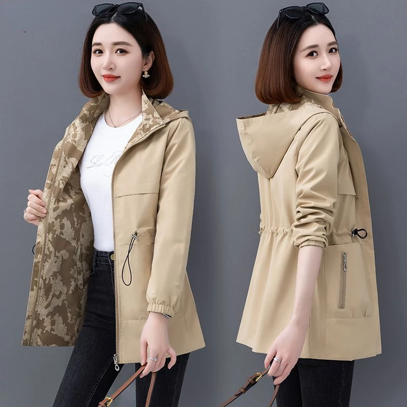 

Hooded Drawstring Trench Coats Oversized Mid-length Gabardina Fashion Women's Cargo Jackets Casual Zipper Khaki Windbreaker