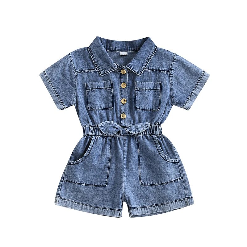 Toddler Baby Girls Denim Overalls Shorts Solid Color Turn Down Collar Short Sleeves Button Down Elastic Waist Jean Romper