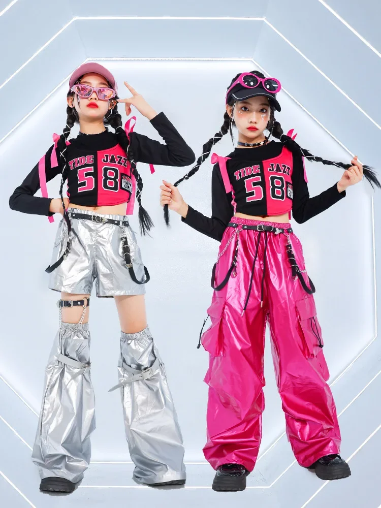 Neues Mädchen-Hip-Hop-Crop-Top, glänzende Cargohose, T-Shirt, Street-Dance-Shorts, Kinder-Streetwear, Kinder-Jazz-Mädchen-Gruppen-Kleidungssets – Detail 13