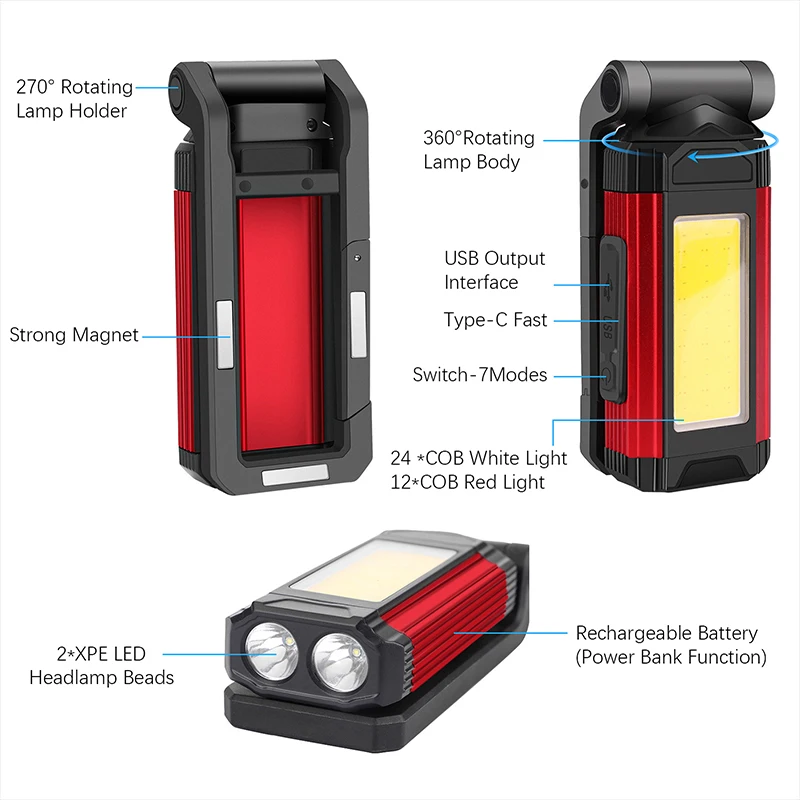 LED Work Light Rechargeable Magnetic Portable Mechanic Worklight Battery Powered,Bright for Car Repairing, Camping, Hiking, Gift