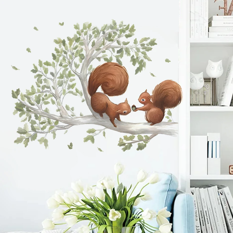 Cartoon Forest Squirrel Wall Sticker Creative Wallpaper Squirrel in a Tree Children\'s Room Nursery Classroom Decorative Stickers