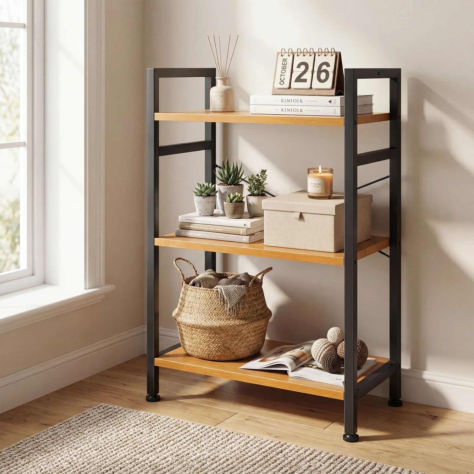 Graduated wooden standing display bookshelf in Muji style interior