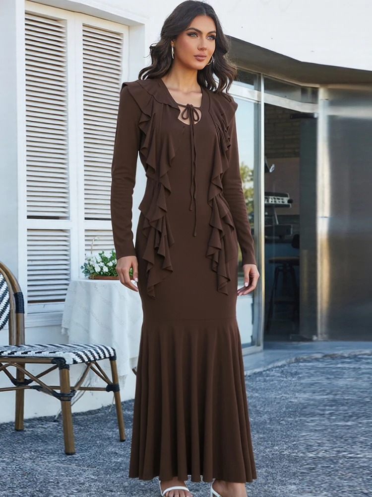 Nibber Mode Rüschen Dekoration Lange Kleider Frau Herbst Trend Raffen Low-Neck Volle Hülse Casual Einfache Elegante Vestidos