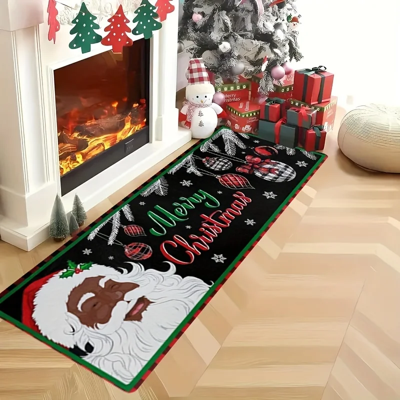 

African American Santa Claus Christmas Mat, Plush Non-Slip Heavy-Duty Machine Washable Rug for Multi-Holiday Home Decor