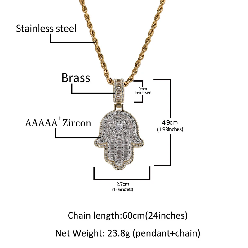 Hip Hop 5A+ CZ Stone Paved Bling Ice Out The Fatima Hand Pendants Necklaces for Women Men Unisex Rapper Jewelry