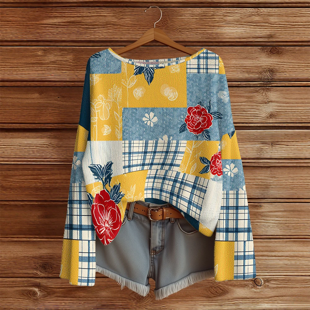 

Casual Knitted floral sweaters for women Trendy Pullover Long Sleeve Loose Sweater Fashion Streetwar Jumper Tops