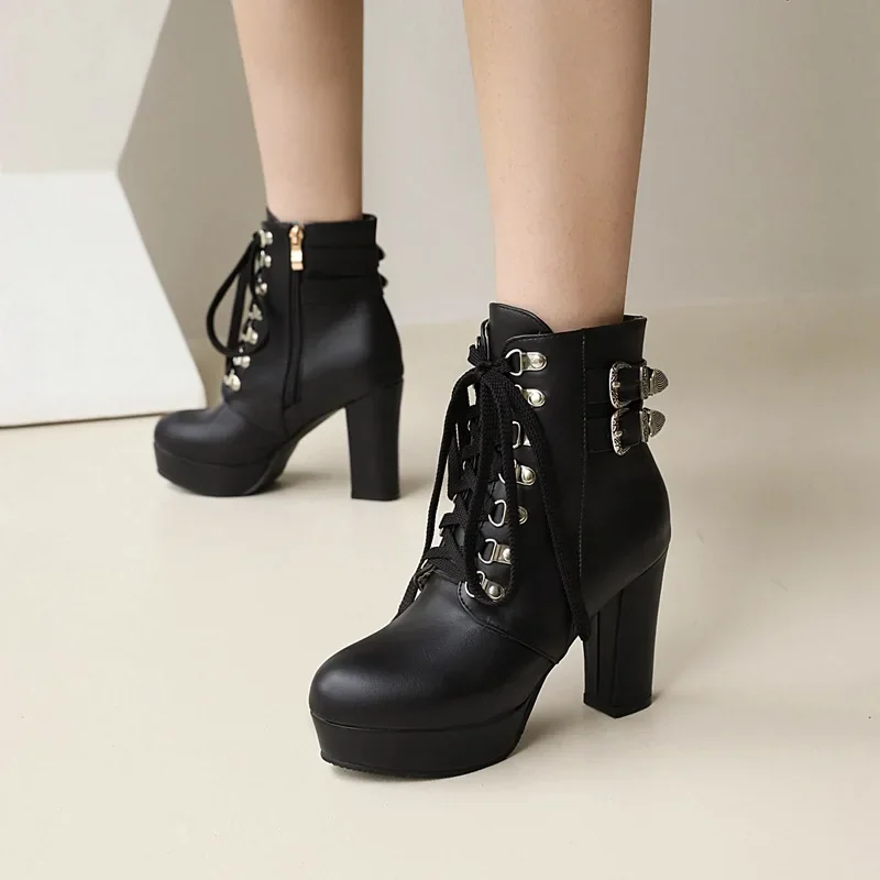 Winter Pink White Red Platform Ankle Boots Women High Chunky Heel Party Dress Lady Buckle Zipper Platform Short Motorcycle Boots