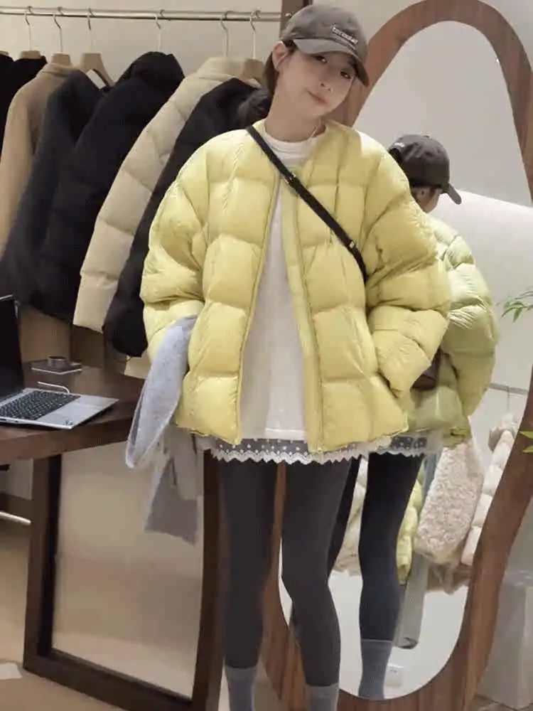 Women's round Neck Short Thickened White Duck down Jacket Korean Style Commute Wind Loose Fit Winter New Arrival Coat