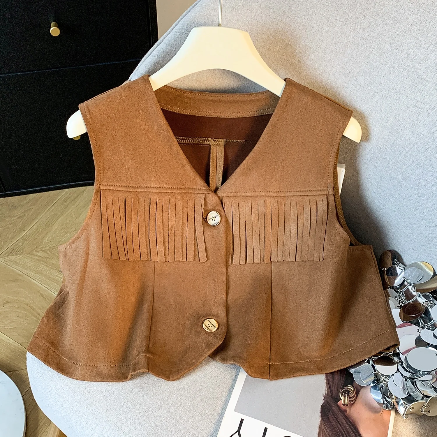 Original Vintage Women's Suede Vest Outerwear Versatile Shoulder Pad Denim Fringe Jacket V-neck Single Button Closure  C...