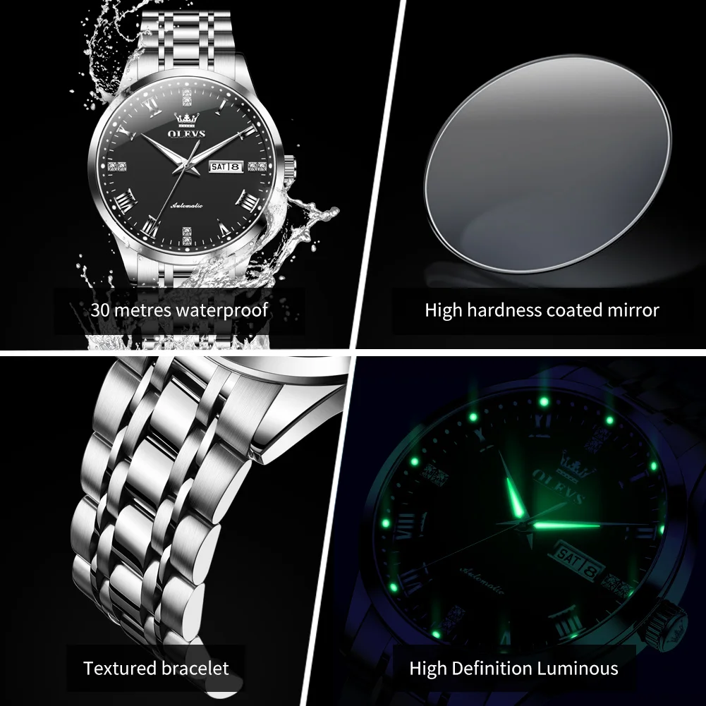 OLEVS 7062 New Man Watch Waterproof Stainless Steel Dual Calendar Automatic Watch for Men Original Luxury Mechanical Wristwatch