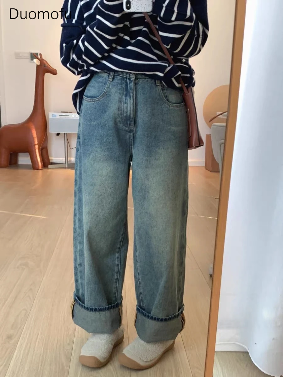 Duomofu Retro Blue Autumn Chic Washed Loose Women Jeans New Basic Zipper Simple Pocket Fashion Classic Full Length Female Jeans