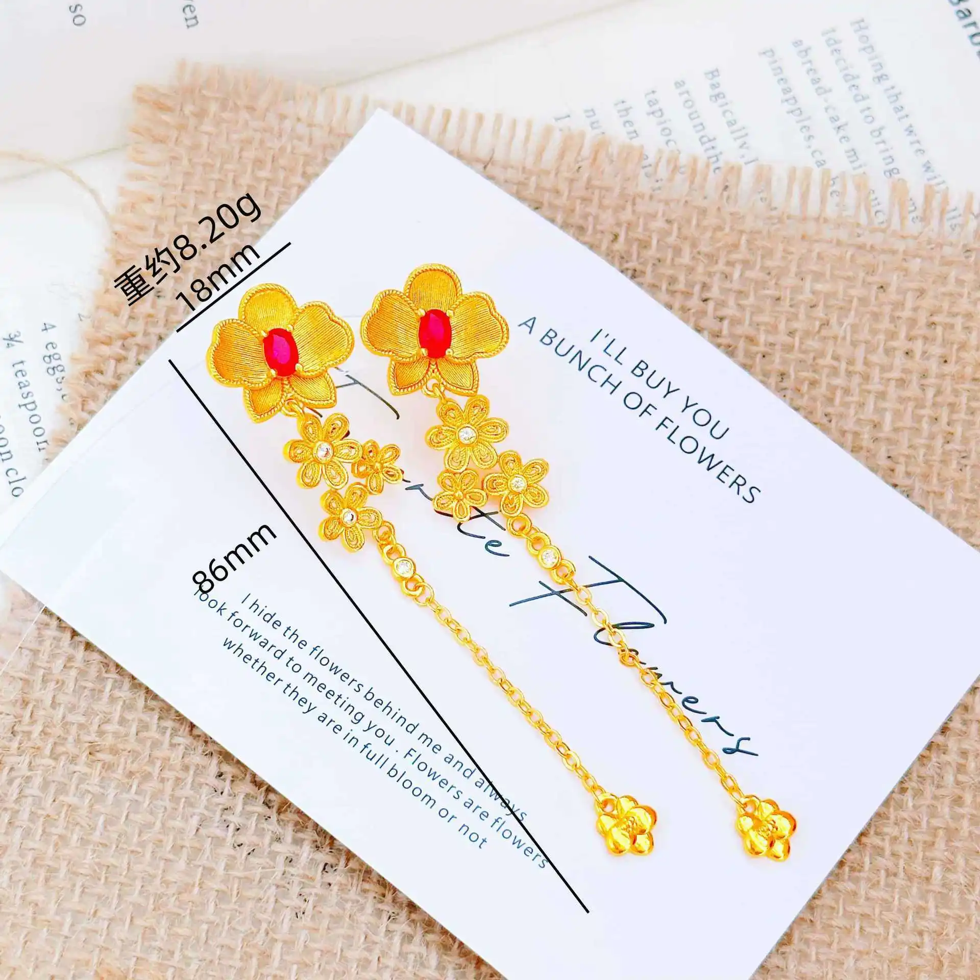 

Luxurious 24K gold flower tassel earrings with floral wire inlay and embroidered long eardrops