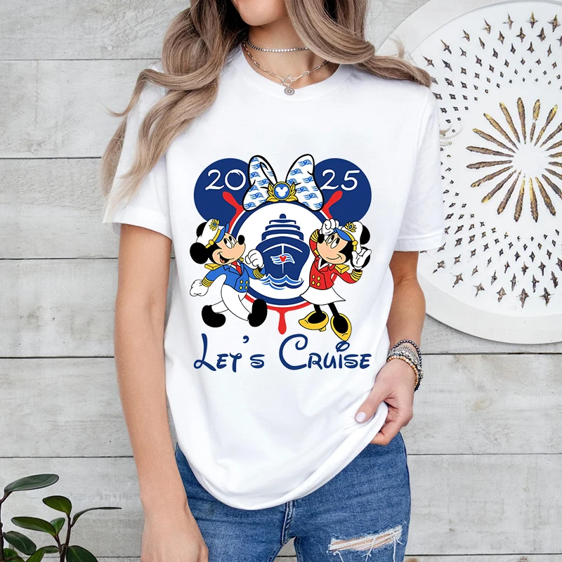 

Let's Cruise 2025 Disney Cartoon Captain Mickey Couple Printed Women's T-Shirt Summer Fashion Short Sleeve Casual Top