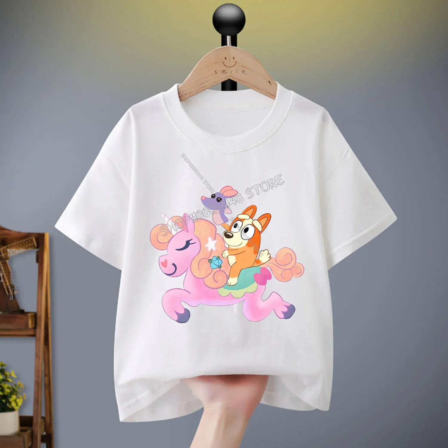 Blueyi Bingos Kids T-shirt Cartoon Character Print Crew Neck Pullover Boys Girls Summer Casual Tops Cute Kawaii Loose Clothing