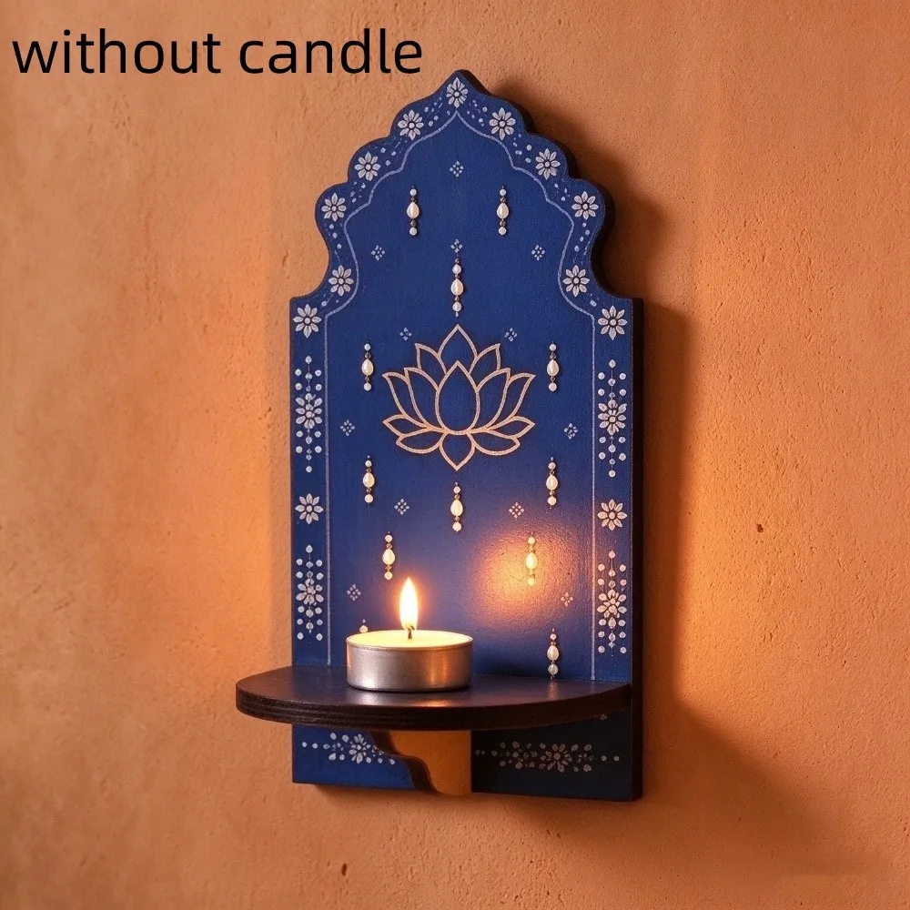 Meditation Wood Indian Wall Candle Holder Hand Painted Ethnic Style Diwali Candle Stand Pooja Prayer Arch Shape