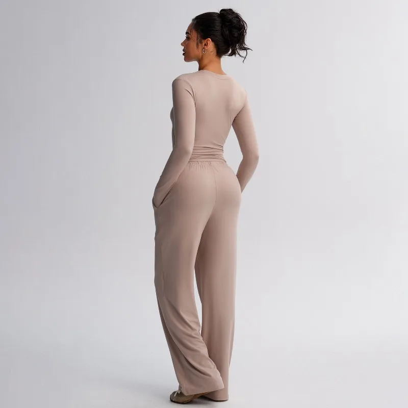 طقم يوجا مصقول برقبة دائرية وأكمام طويلة، سروال طويل رياضي كاجوال للجري واللياقة البدنية، سروال كاجوال فضفاض واسع الساق للنساء #2