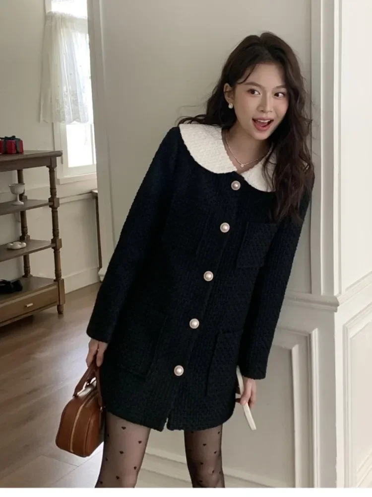 French Tweed Doll Collar Dress Women Winter 2024 New Vintage Temperament Long Sleeve Vestidos Slim Waist Woolen Dresses Female