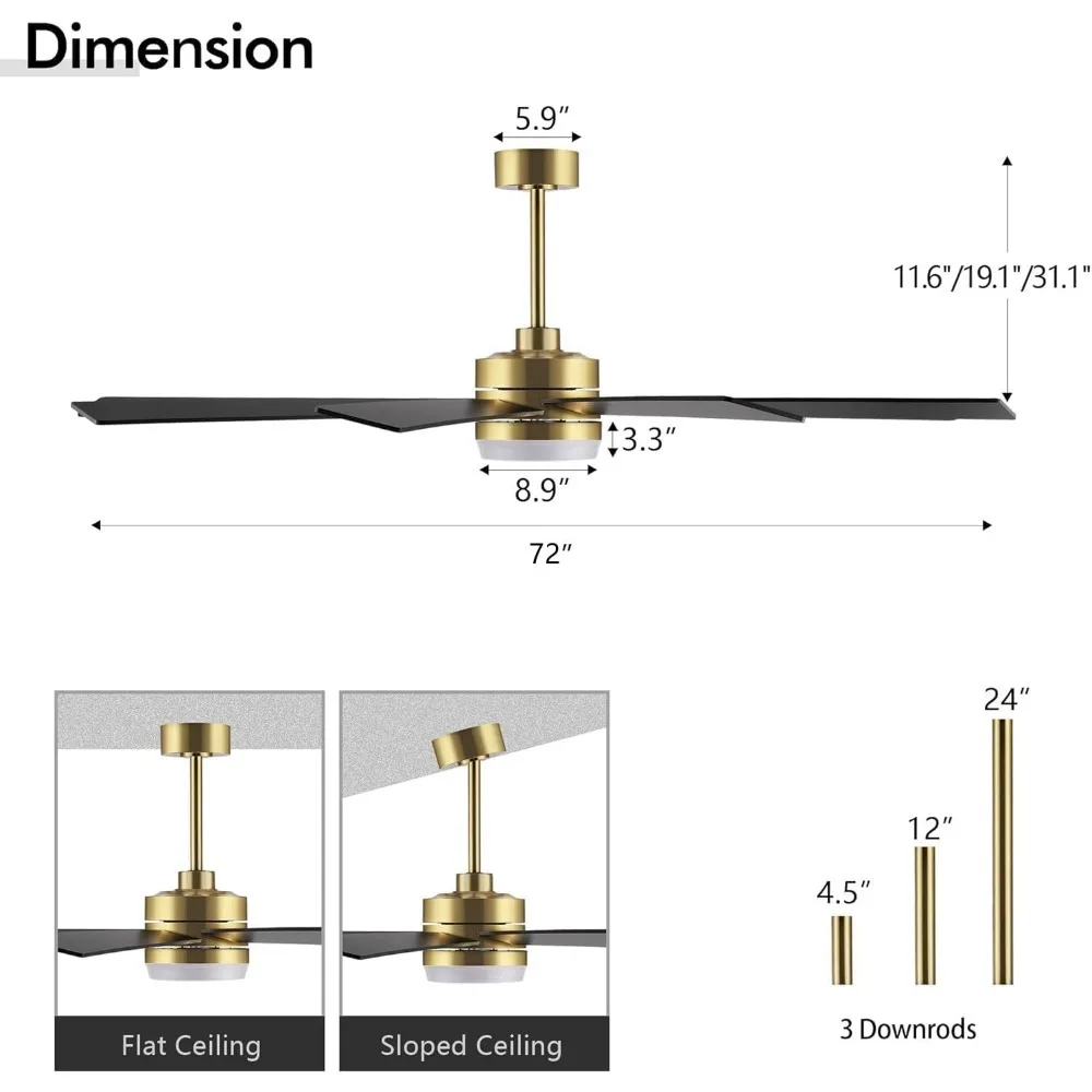 

72" DC Motor Ceiling Fan with Light,Modern 9 Blades Ceiling Fan with 4.5"/12"/24" Downrods for Home or Commercial Black/Gold