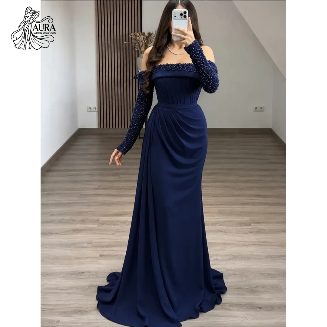 Aura Fish Tail Prom Dresses 2026 Luxury Party Dresses for Special Occasions Strapless Long Sleeves Customized Embroidered Pearls