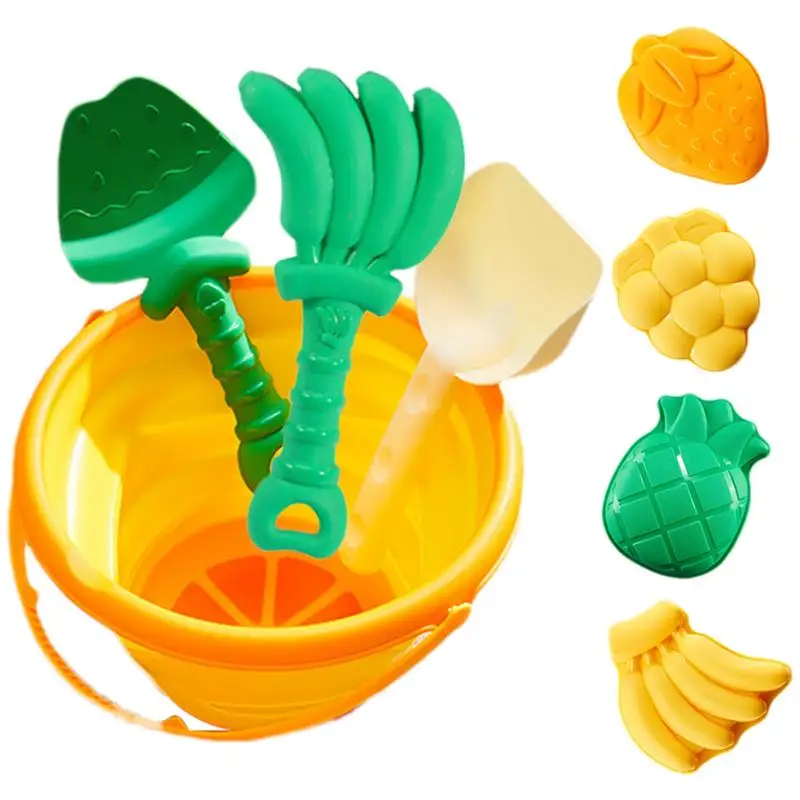 8pcs Children's Outdoor Beach Toys Fun Shovel Fruit Mold Beach Foldable Bucket Set Storage Sand Digging Tool Bucket Sand Toys