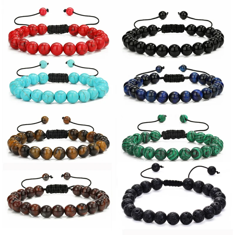 Fashion Woven Adjustable Bangle 8mm Natural Tiger Eyes Lava Rock Protection HANDMADE Bracelet Men's Gift