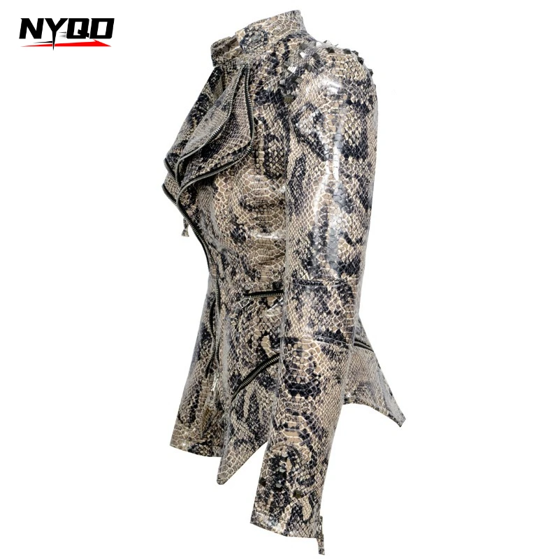 Women Gothic Punk Motorcycle Jacket Print Rivet Washed Faux Leather Coat Slim Fit Waist Irregular Hem Zipper Biker Outerwear