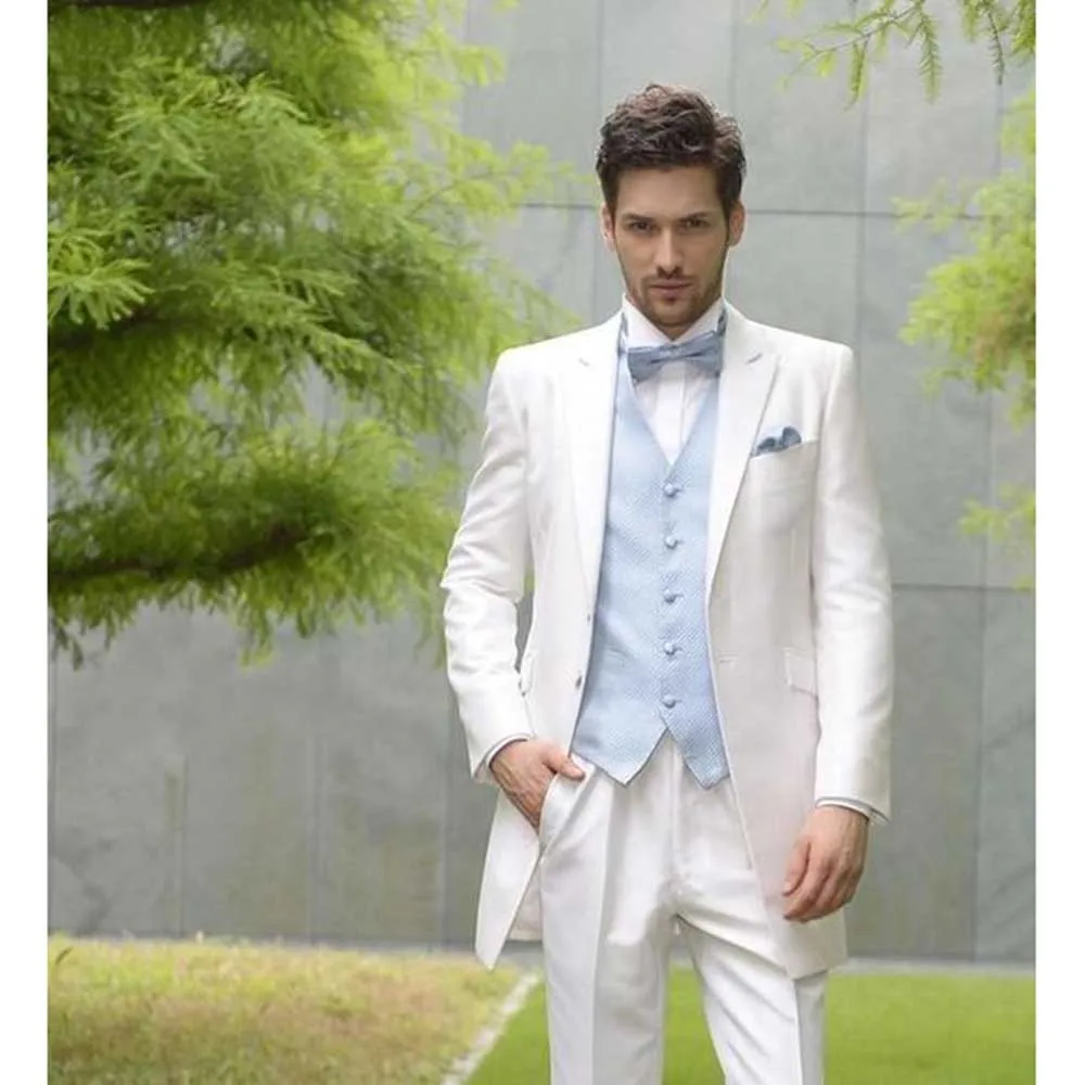 

Gorgeous Wedding Groom's Sets Single Breasted 3 Pieces White Jacket Pants Blue Vest Male Clothing Formal Banquet Blazers Sets