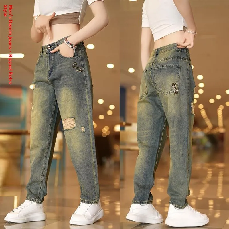 

Men's Ripped Loose Straight Leg Thin Denim Jeans Summer Fashionable Vintage American Style Harlan Nine Points Long Trousers