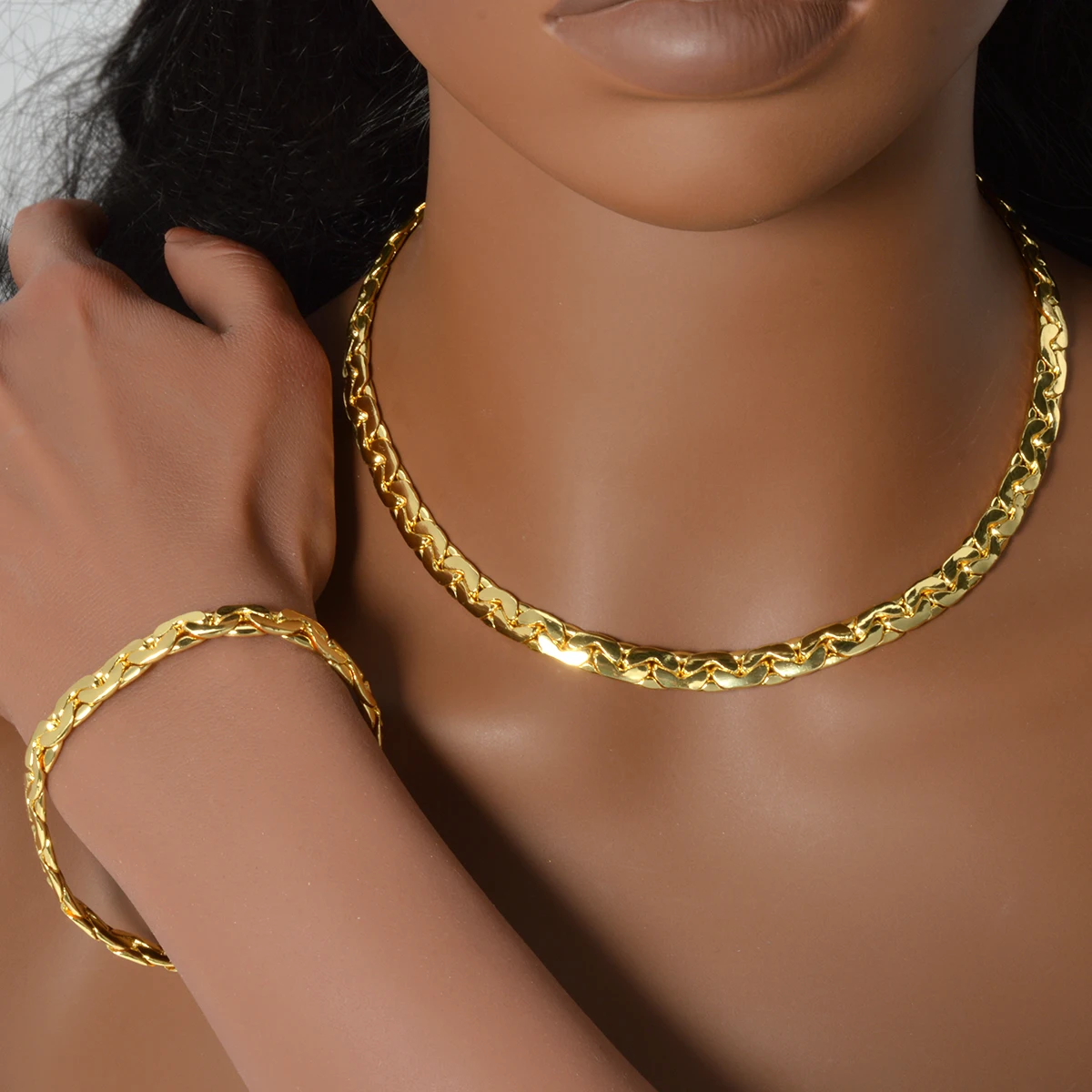 Unisex Cuban Link Chain Necklace Bracelet Set Women Classic Thick Curb Chain Men Jewelry Sets Hip Hop Wear Wedding Party Gift
