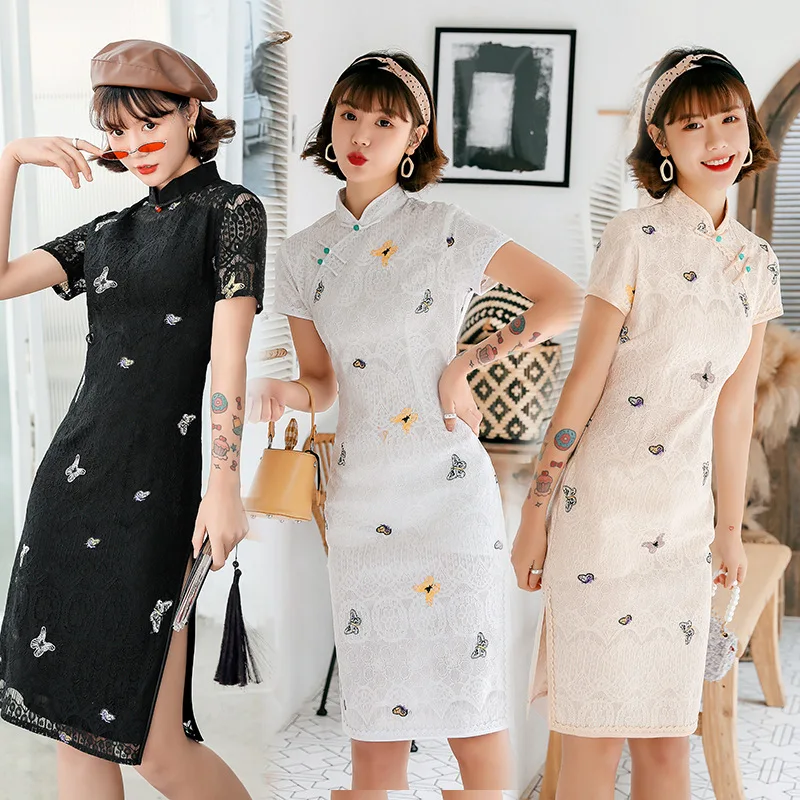 Cheongsam Young Summer New Lace Retro Daily Slim Modified Mid-Length Dress Style