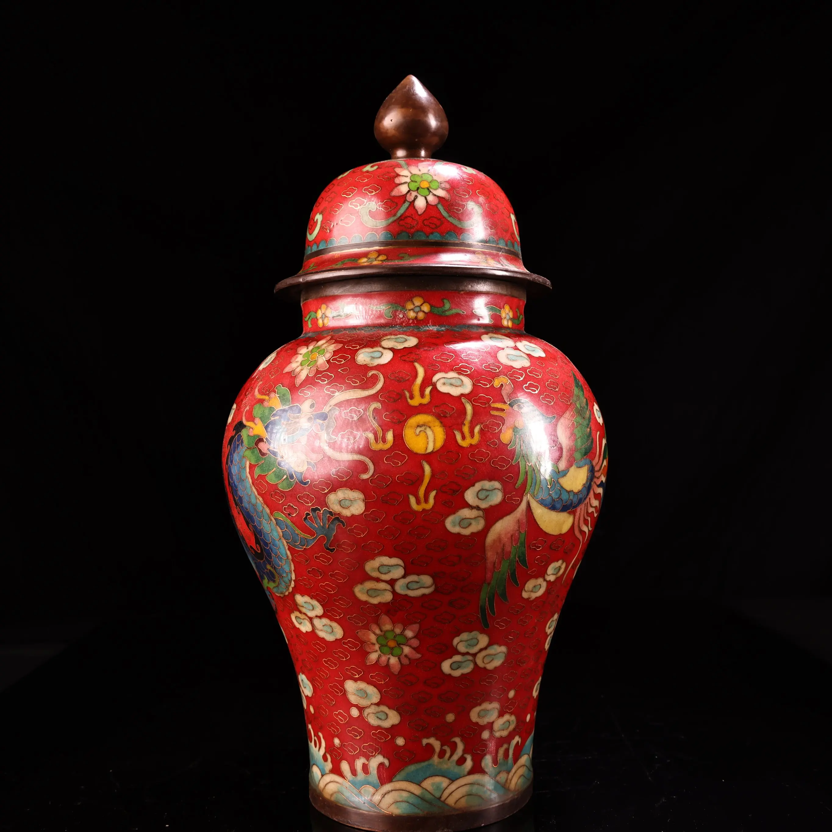 14"Old Bronze Cloisonne Enamel Flower Dragon Phoenix Pattern bocksbeutel General tank Amass wealth Ornaments Town house