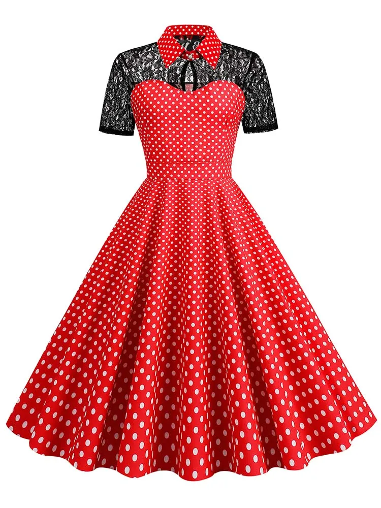 Polka Dot Lace Vintage Women Summer Dress Turn-Down Collar Short Sleeve Elegant Party Dresses