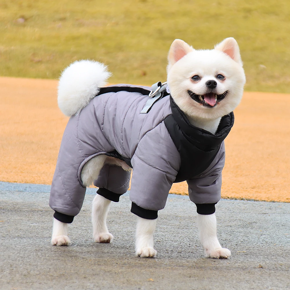 Winter Warm Dog Jacket Reflective Four Legged Clothes Outdoor Waterproof and Windproof Traction Harness Jumpsuit Chihuahua Coat