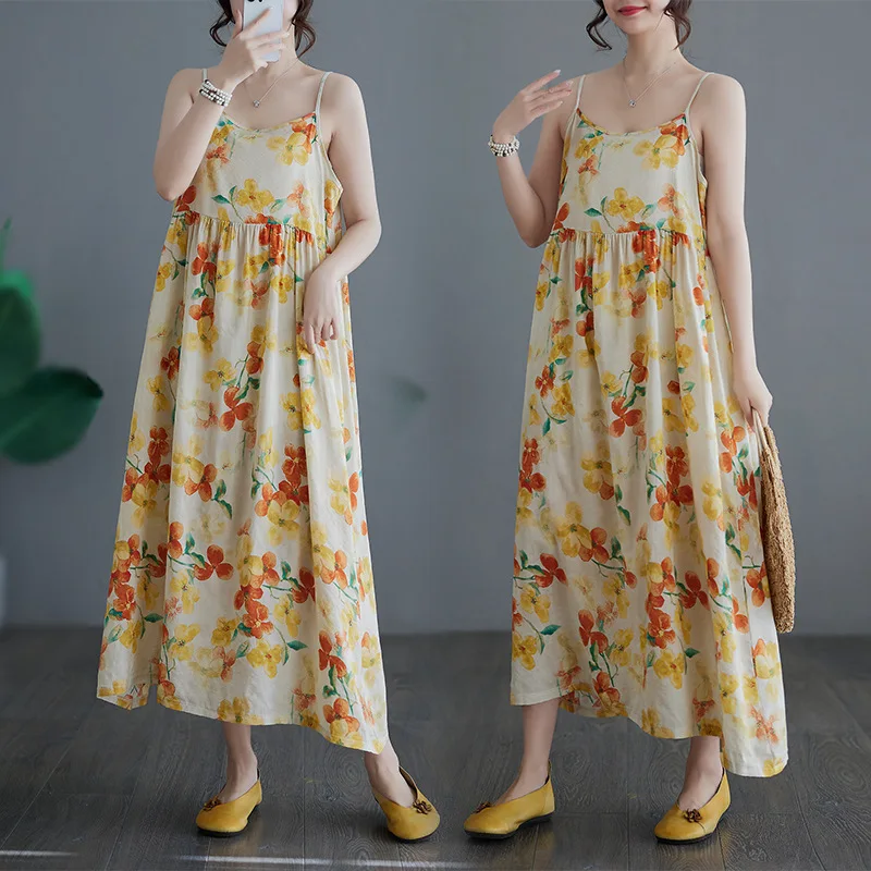 

2024 Women's Summer New Fashion Casual Simple Pastoral Style Tube Top Cotton Linen Sleeveless Dress