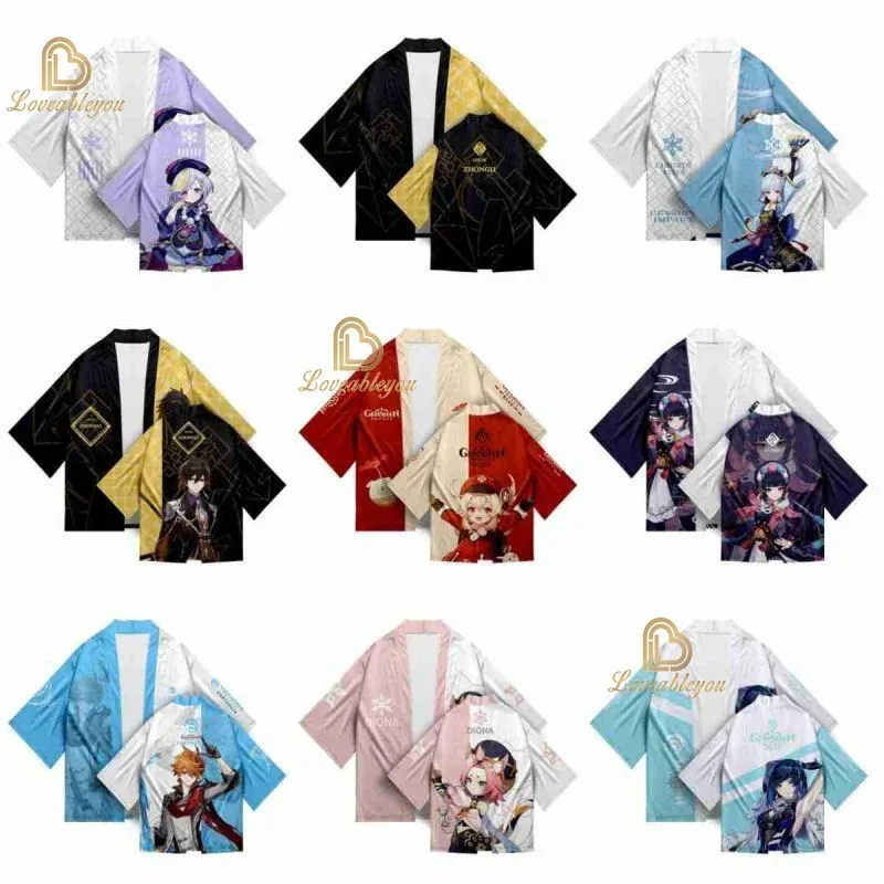 DY20Mona Hu Tao Raiden Shogun Capa Anime Genshin Impact Kimono Pijama Mulheres Homens Roupas de Verão Manga Três Quartos Casual Hao