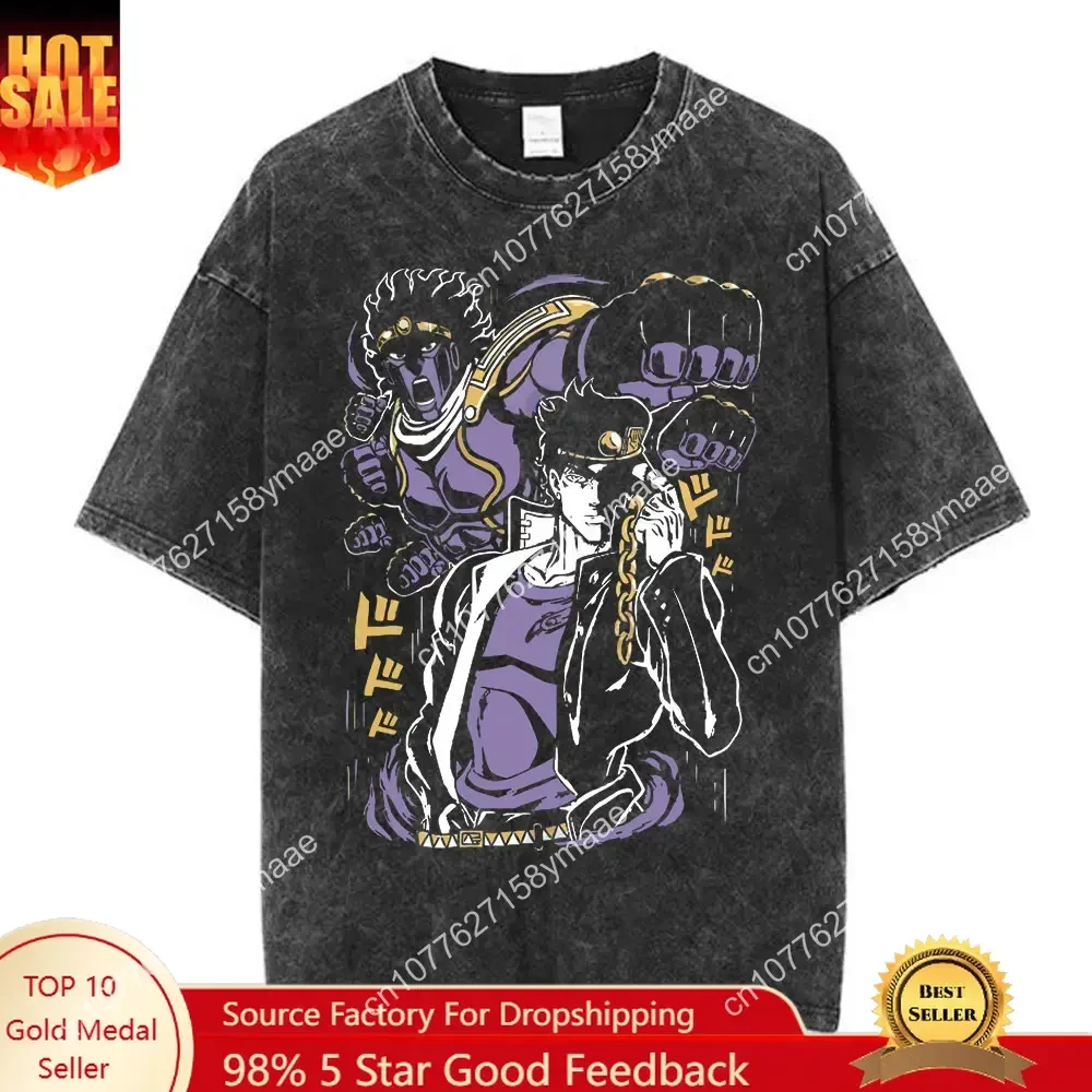 

Anime Jojo Bizarre Adventure Tshirt Jotaro Star Platinum Manga Graphic Washed T-shirts Men Women Women Short Sleeve Casual T-shi