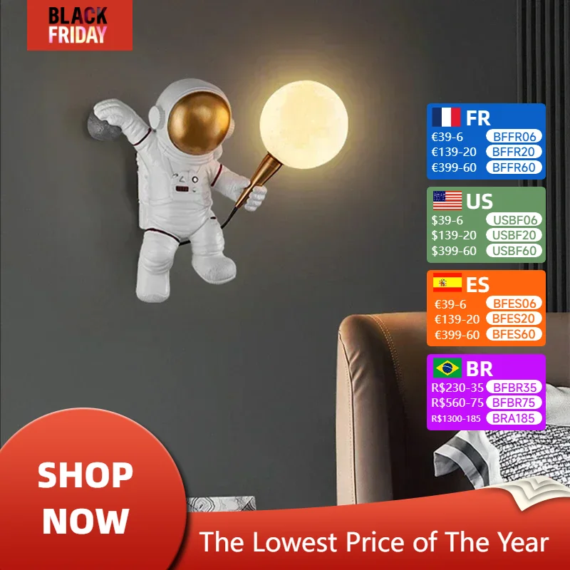 

Nordic Personality Moon Astronaut Children's Room Wall Lamp Kitchen Dining Room Bedroom Study Balcony Aisle Led Light Decoration