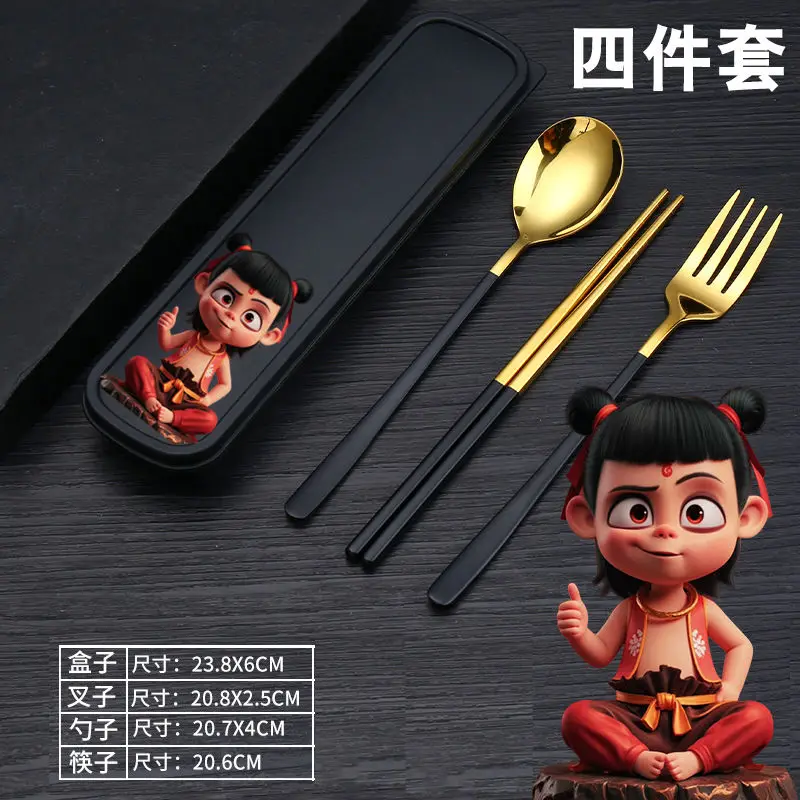 Nezha 2 ao bing colher de aço inoxidável dos desenhos animados pauzinhos garfo personalidade criativa anti-queda e antiderrapante conjunto de talheres presente