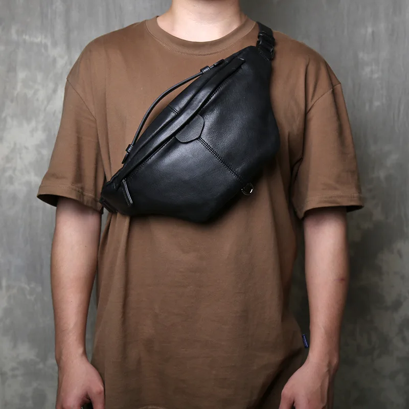 Top-Grain Cowhide Mens Convertible Crossbody Chest Bag Casual Large-Capacity Anti-Theft Handheld Shoulder Bag