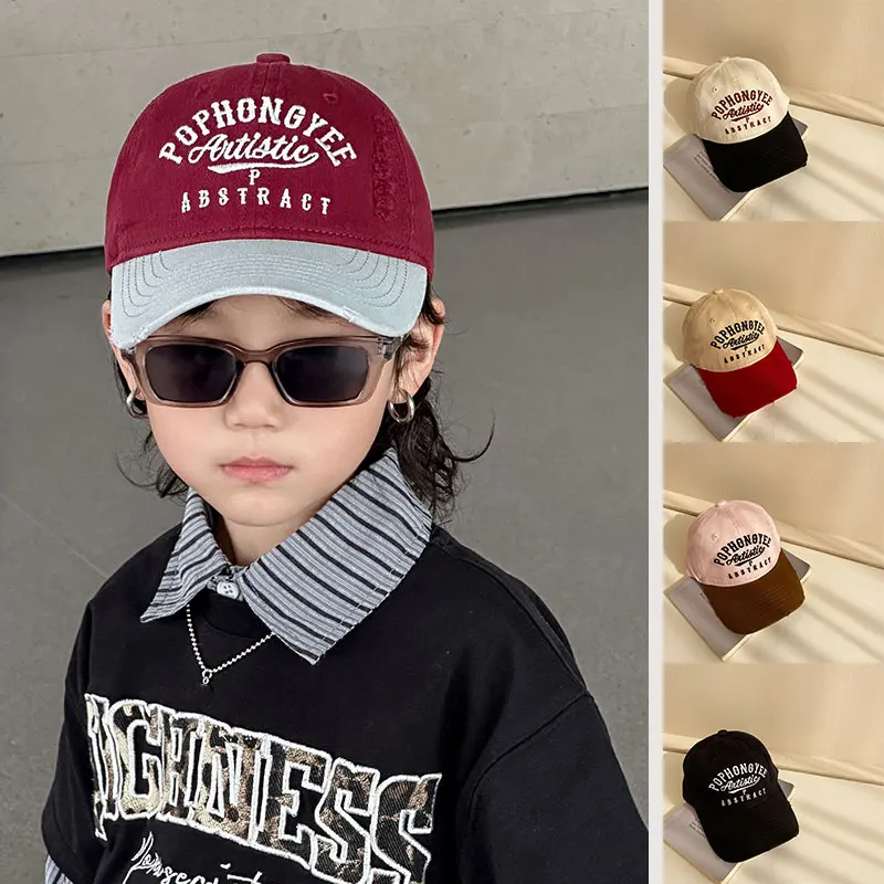 

Embroidery Letter Kids Baseball Cap Color Block Children Peaked Hat 2-10Year Boy Girl Sunshade Duck Tongue Cap Baby Sport Visors