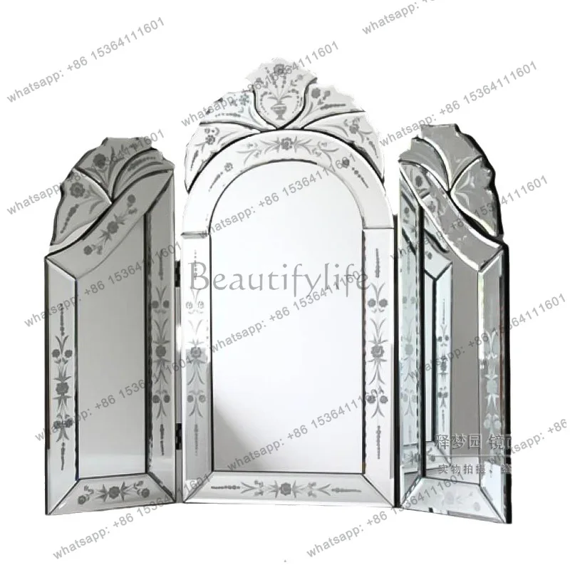 8Carved tri-fold mirror retro dressing decoration folding Venetian mirror 0022M