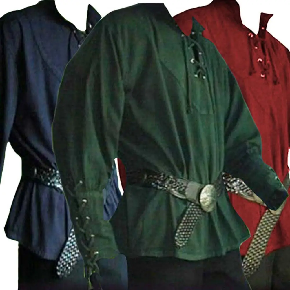 Handsome Men Medieval Renaissance Long Sleeve Shirt Bandage Casual Tops Halloween Landlord Knight Shirt Vintage Cosplay Costume