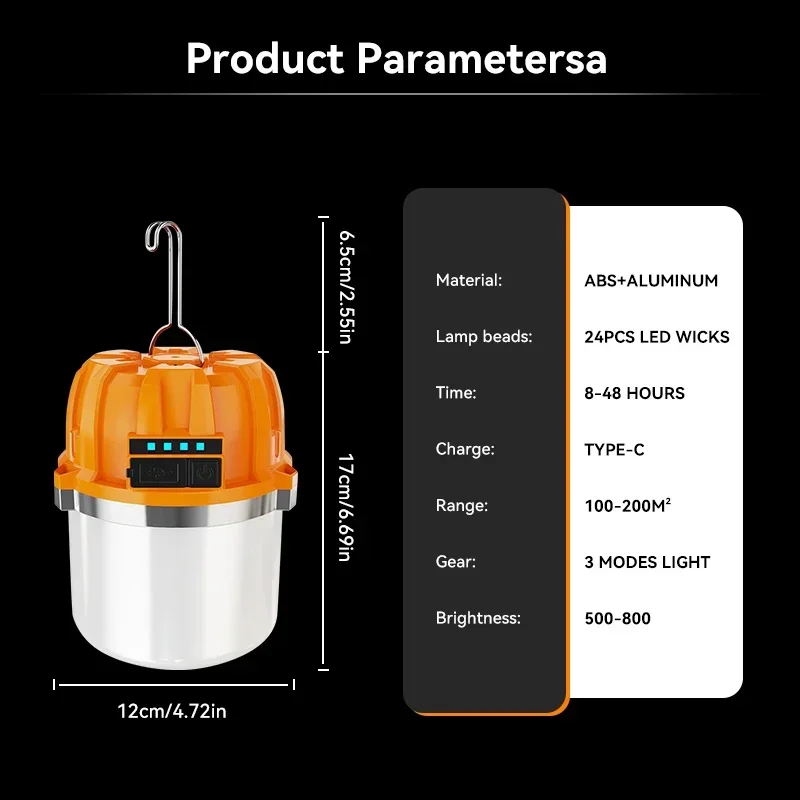 500W LED latarnia kempingowa USB akumulator przenośna lampa z żarówką latarka z wyświetlaczem mocy światło awaryjne do wędkowania na świeżym powietrzu